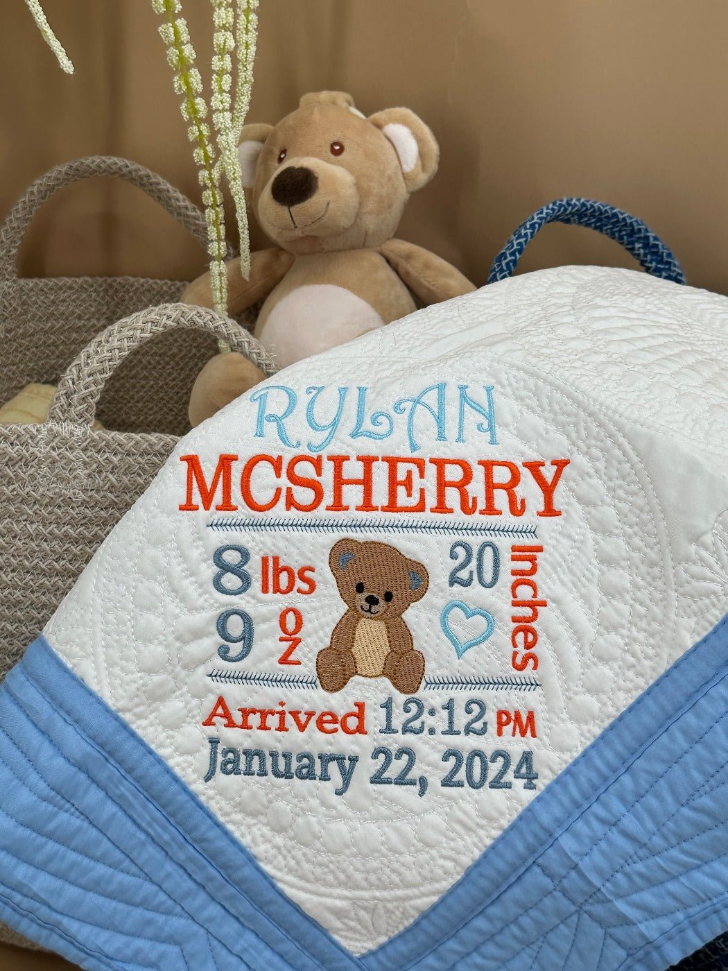 Bear Birthday Stat - Custom Embroidered Heirloom Baby Blanket