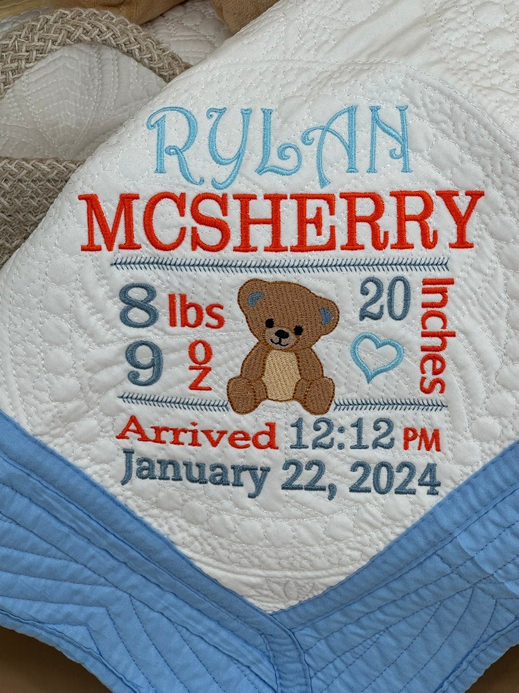 Bear Birthday Stat - Custom Embroidered Heirloom Baby Blanket