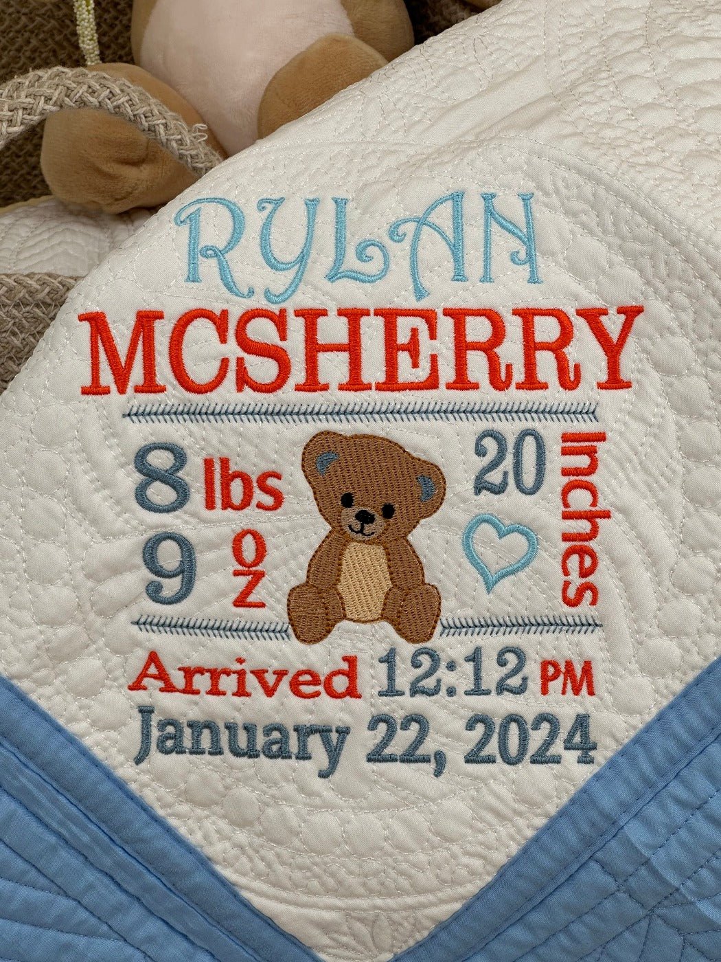 Bear Birthday Stat - Custom Embroidered Heirloom Baby Blanket