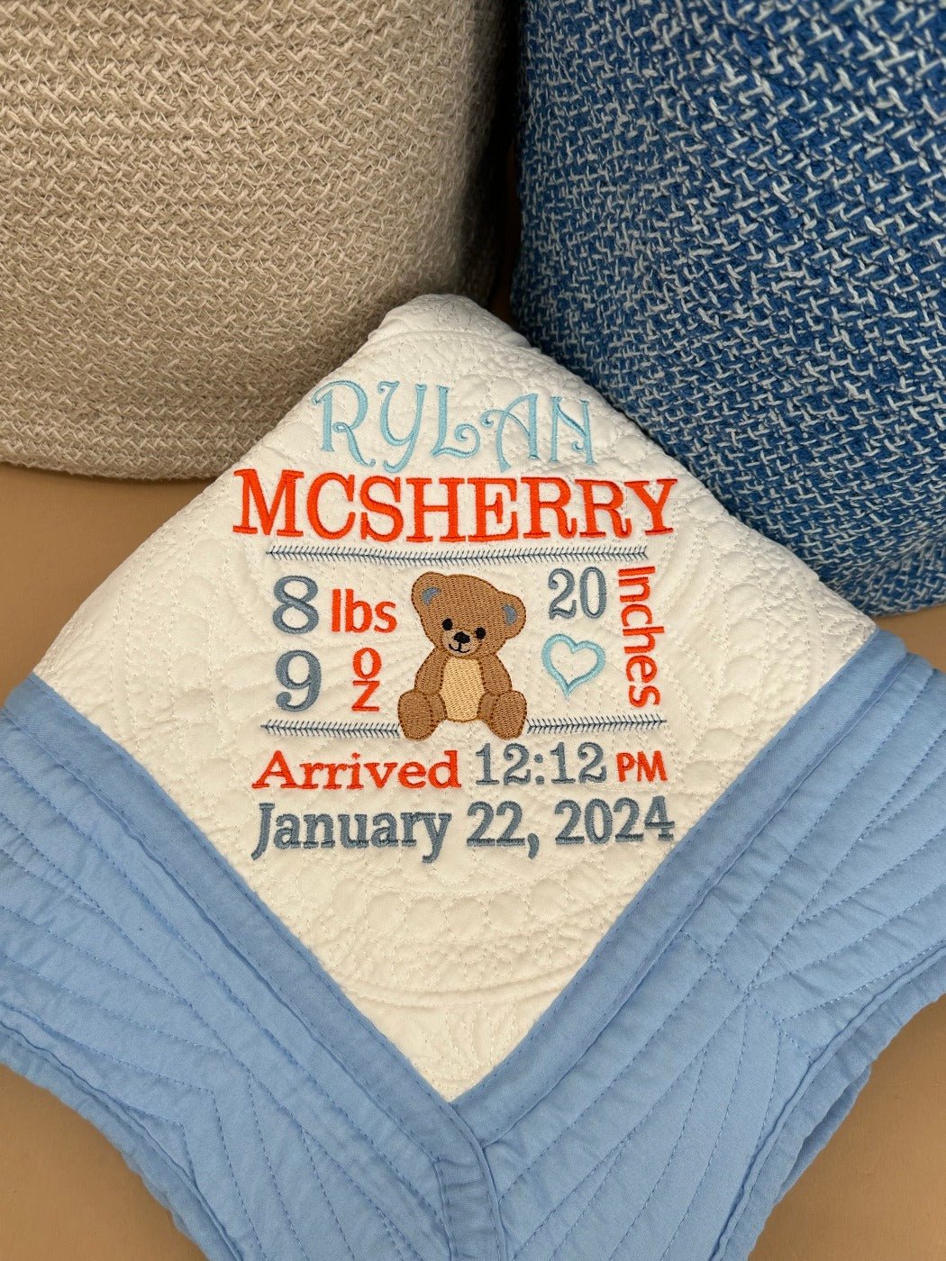 Bear Birthday Stat - Custom Embroidered Heirloom Baby Blanket