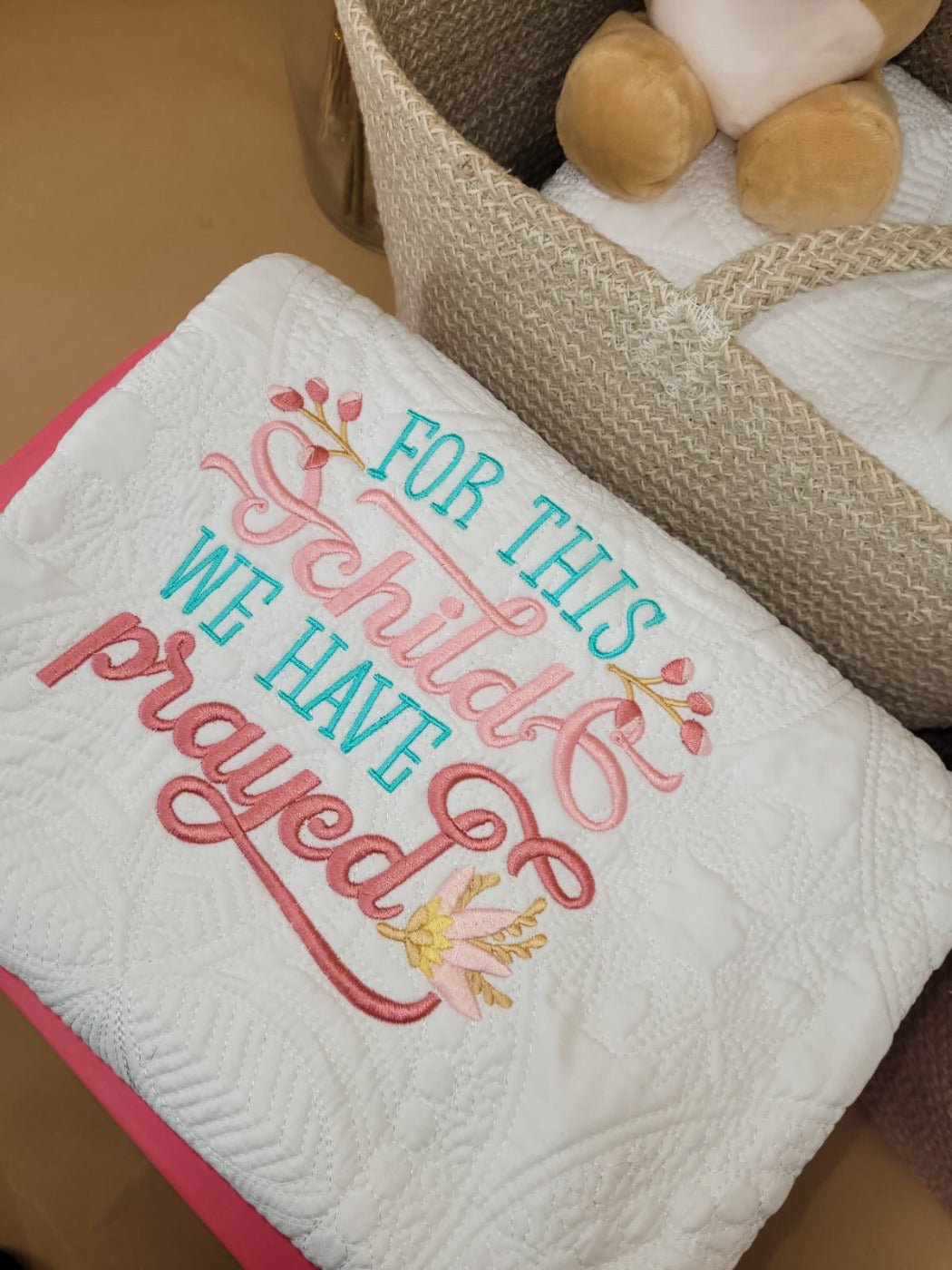 For this Child We have Prayed Pink - Custom Embroidered Heirloom Baby Blanket