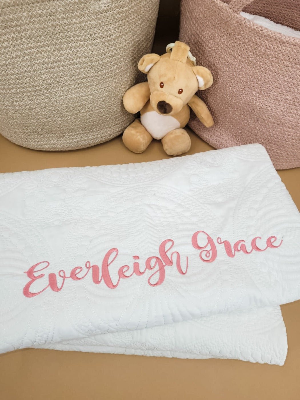 Name in Rose Pink - Custom Embroidered Heirloom Baby Blanket