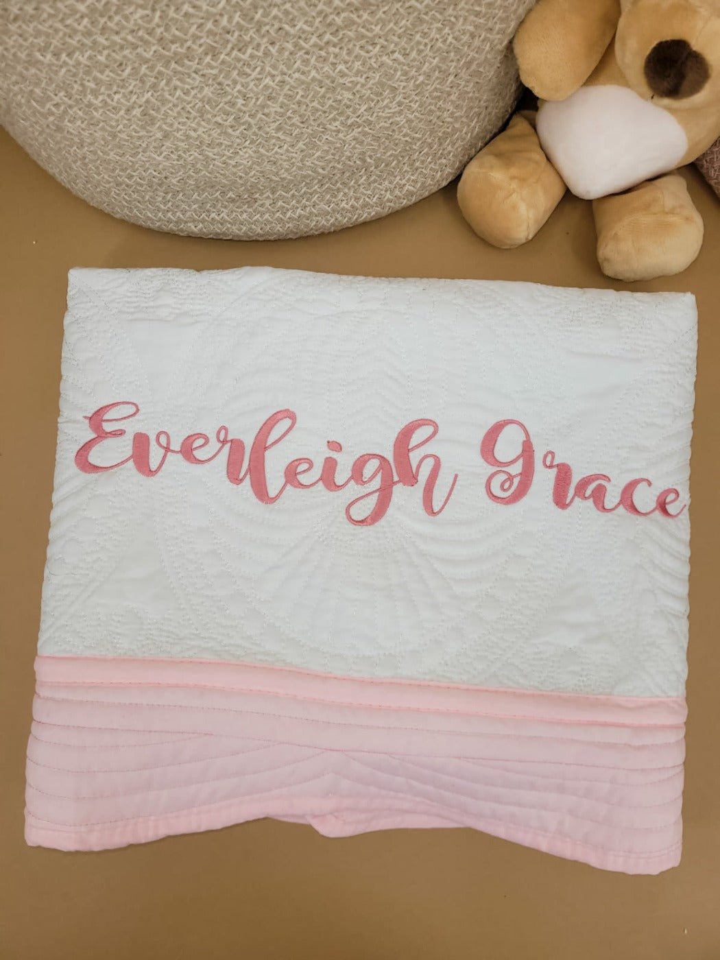 Name in Rose Pink - Custom Embroidered Heirloom Baby Blanket