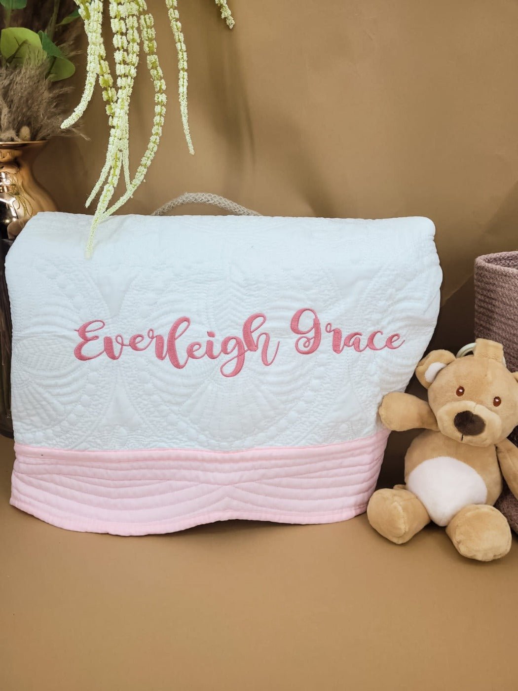 Name in Rose Pink - Custom Embroidered Heirloom Baby Blanket