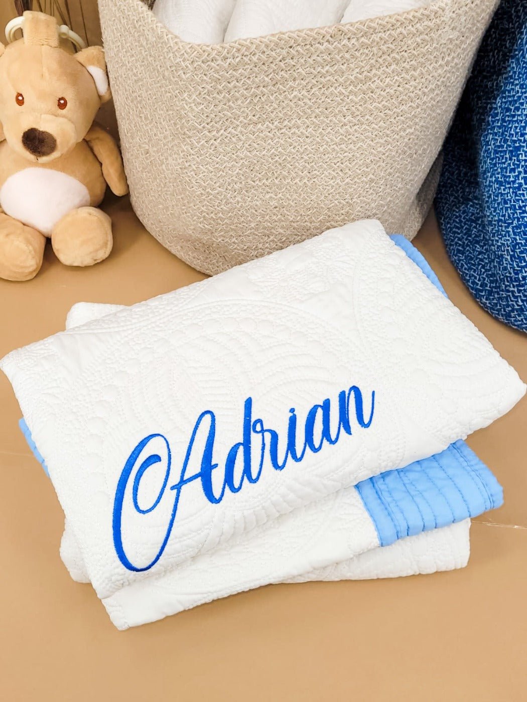 Name in Royal Blue - Custom Embroidered Heirloom Baby Blanket