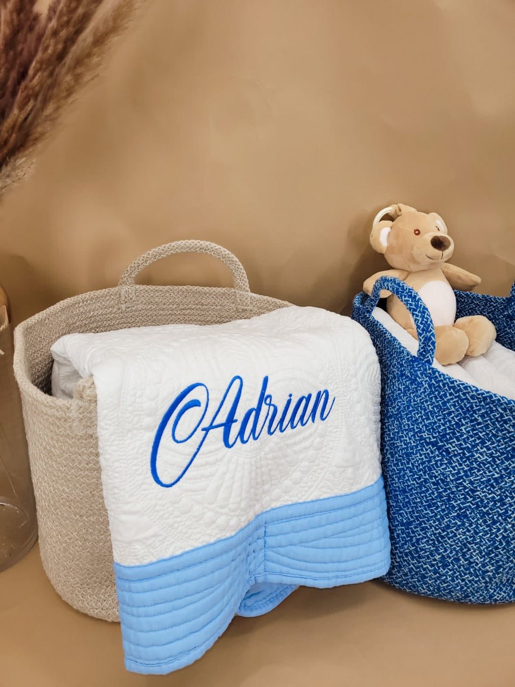 Name in Royal Blue - Custom Embroidered Heirloom Baby Blanket