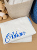 Name in Royal Blue - Custom Embroidered Heirloom Baby Blanket