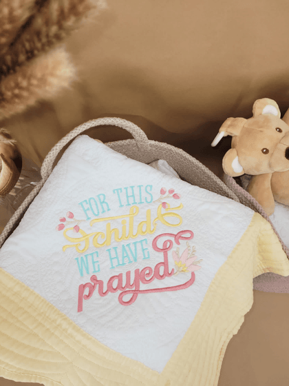For this Child We have Prayed Yellow - Custom Embroidered Heirloom Baby Blanket - Bear Cube Boutique - Main